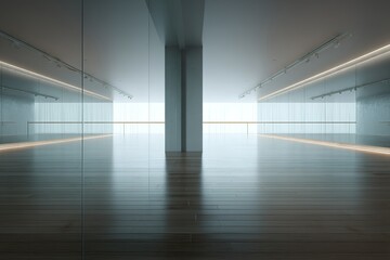 Poster - Modern studio interior featuring expansive wooden floors and large glass windows with natural light in a minimalist design environment