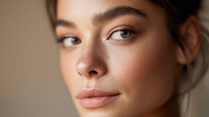 Aufkleber - A young woman showcases her natural beauty, highlighting her flawless skin and expressive eyes. The soft lighting accentuates her features, creating a serene and inviting atmosphere