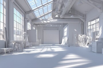 Poster - Bright and spacious art studio with natural light entering through large windows in a creative workspace