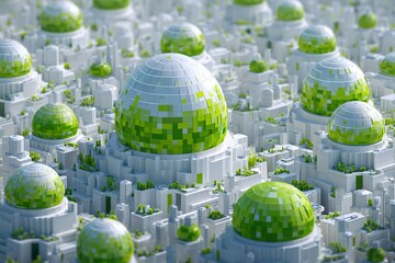 Poster - Unique pixelated cityscape featuring domed structures with vibrant green rooftops among a white skyline during daylight