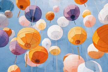 Poster - Colorful paper lanterns in a bright sky create a festive atmosphere during a celebration in an outdoor setting