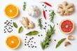 © X - Fresh citrus and spices arranged on a white background.  Ginger, garlic, rosemary, peppers, and various spices are artfully displayed
