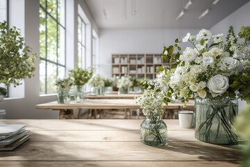 Poster - Interior of a bright floral workshop with wooden tables filled with various white flowers and greenery during daylight