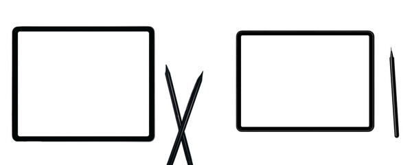 Set of digital tablet with white screen, tablet with digital pencil isolated from a white background