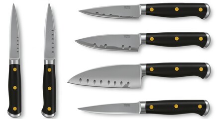 Professional chef knives set featuring various blade styles and black handles, perfect for culinary enthusiasts and kitchenware collections, displayed in a clean, white setting.