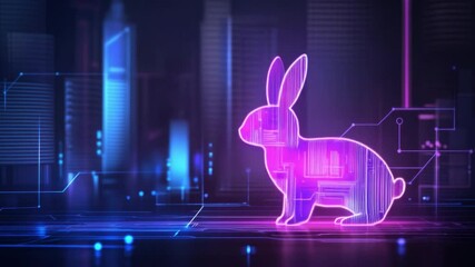 Poster - Digital Rabbit Outline Against Futuristic Background With Neon Lights and Technology Elements 4k video footage