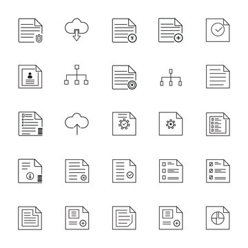 Downloading File Icons  Multi Series Document thin line vector icon set. Pixel perfect. Editable stroke. Document, Clipboard, Resume, File, Archive, File Search.
