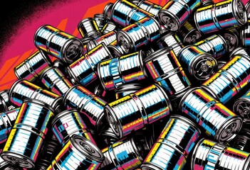 Fototapete - Colorful illustration of stacked metallic barrels in a vibrant setting