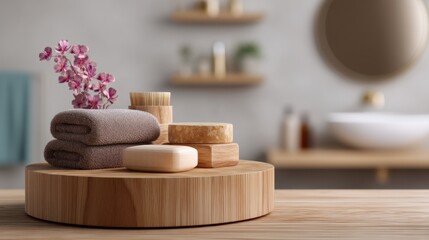 Poster - A wooden podium showcases neatly arranged bath and spa products, including towels, soaps, and flowers, in a calming bathroom ambiance with natural decor elements