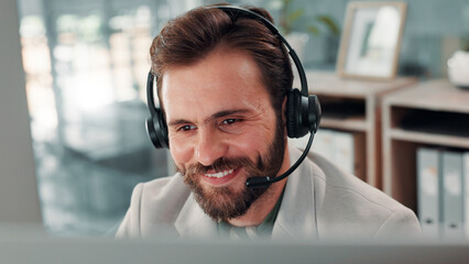 Poster - Man, headset and callcenter agent in office with microphone for outbound phone call or telemarketing. Business, communication and contact with sales consultant on computer for telecom in London