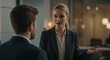 © SRD - Serious Business Discussion  A Woman in a Business Suit Confidently Discusses Important Matters with a Male Colleague in a Modern Office Setting