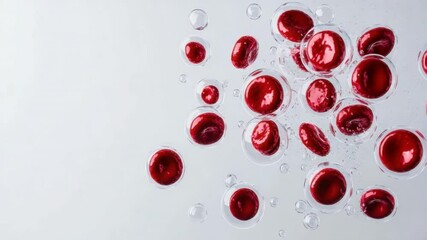 Poster - red droplets suspended in a clear liquid with reflections and bubbles on a white background, creatin