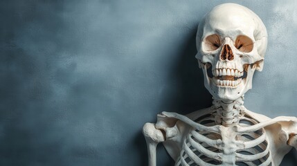 A close-up view of a smiling human skeleton against a muted gray background, merging artistic expression with scientific inquiry in a unique anatomical display.