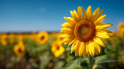 Poster - Close-up of a bright yellow sunflower against a blurred field and blue sky, conveying summer, warmth, and natural beauty