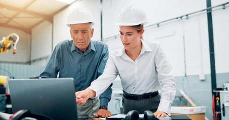 Poster - People, manager and laptop at robotics factory for research, machine update and technical guide. Engineer, teamwork and production manual, automation safety and diagnostics report for manufacturing
