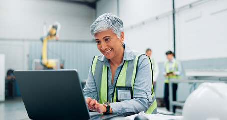 Poster - Laptop, robotics and smile with woman in workshop for automation, manufacturing or production. Computer, design and engineering process with happy mature employee in factory for tech development