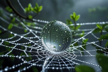 Spider web, dew drops, crystal ball, reflection, macro photography, intricate details, symmetry, nature, early morning, mist, green leaves, dark background, ethereal, magical, delicate, water droplets