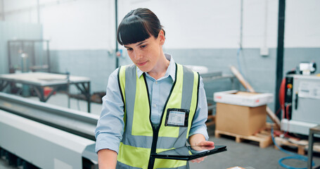 Poster - Robotics, tablet and woman in factory, inspection and engineering with manufacturing checklist. Person, employee and female technician in workplace, digital app and connection with production process
