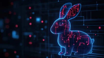 Fototapete - Digital Rabbit in Neon Blue, Cybernetic Design with Circuit Patterns on Dark Background Ideal for Technology and Innovation Themes 4k video footage