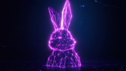 Poster - Futuristic Neon Rabbit Sculpture in Geometric Low-Poly Design with Neon Glow Effect Against Dark Background 4k video footage