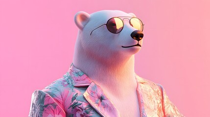Poster - Stylish polar bear in a floral jacket and sunglasses.