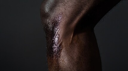 Poster - Glossy Close-Up of a Dark Skin Tone Knee with Water Reflection