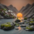 © abi - Serene sunset landscape with blooming branch over calm water and rocks.