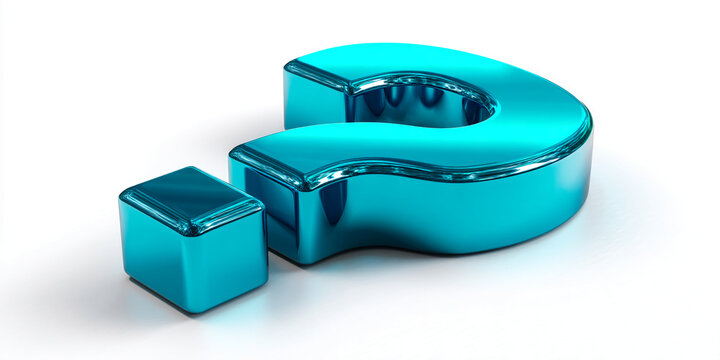 Glossy teal question mark with cube, 3D rendered on white background Mockup for FAQ, help, support, inquiry concepts