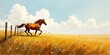 © GiftedFrames - A chestnut horse gallops freely across a sun-drenched meadow, wildflowers swaying gently in the breeze, a rustic fence marking the boundary of this serene landscape under a vibrant sky.