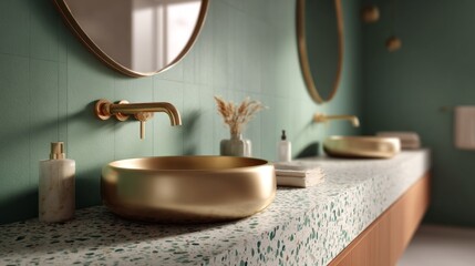 Poster - This contemporary bathroom showcases calming green walls and stylish gold fixtures. Two elegant vessel sinks sit atop a speckled countertop, enhancing the serene ambiance