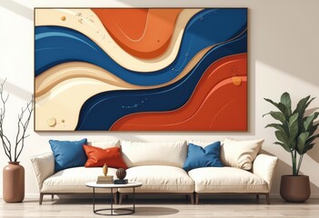 Fototapete - Abstract wall art with flowing waves in blue, orange, and cream tones