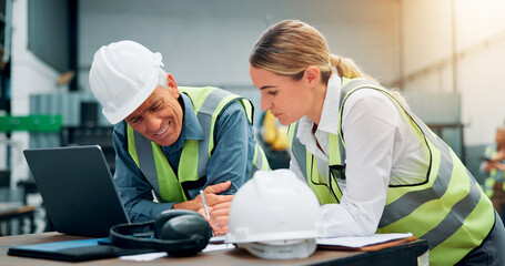 Poster - Teamwork, engineers and laptop with notes for planning, discussion and communication at factory. Woman, mentor man and writing for brainstorming, problem solving and engineering with safety ppe