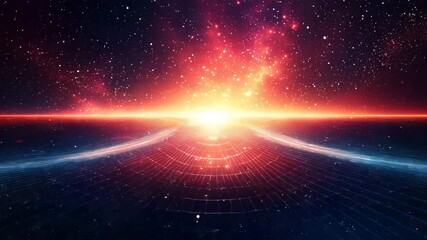 Poster - vibrant cosmic space scene with radiant orange and blue lights illuminating the dark universe