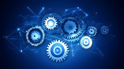 Poster - Interconnected gears on a dark blue digital backdrop.