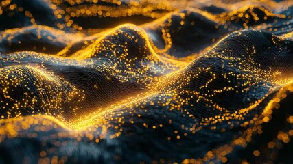 Poster - Vibrant ocean wave illuminated by numerous glowing yellow lights creating a stunning night scene