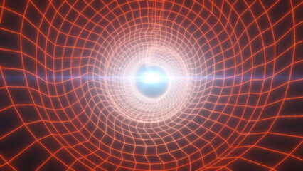 Poster - A warm-toned digital tunnel with orange wireframe gridlines surrounding a glowing central sphere, symbolizing futuristic energy, technology, and data flow background