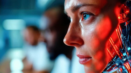 Poster - Close-up of a female humanoid robot with a transparent mechanical neck, wearing glasses, sitting in a business meeting, symbolizing future AI collaboration