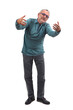 © Curto - full portrait of standing man showing a hug to an imaginary person on white background