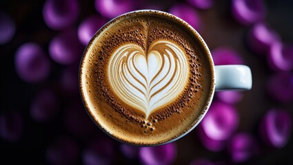Poster - A cup of coffee with latte art shaped like a heart.