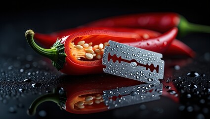 Aufkleber - A pair of scissors resting on a pepper, surrounded by droplets of water.