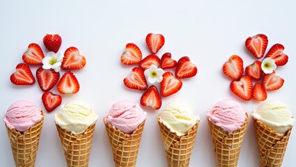 Aufkleber - Six strawberry ice cream cones in a row, each containing a scoop of ice cream, arranged on a white surface.
