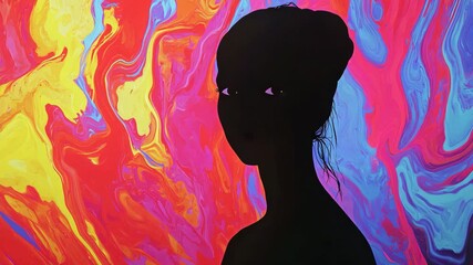 Poster - Woman's silhouette framed by a vibrant colorful background creating an artistic visual impact