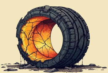 Fototapete - Artistic tire illustration with a cracked surface and glowing interior