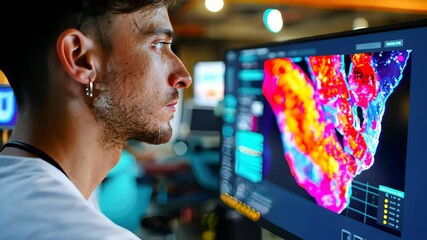 Poster - Young male researcher analyzing vibrant digital imagery on a screen in a tech-focused laboratory environment