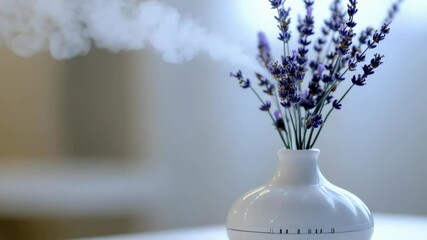 Poster - A beautiful floral arrangement of lavender flowers in a white vase on a table