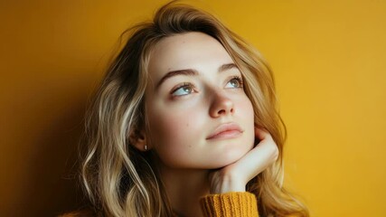 Poster - A woman with long hair is wearing a bright yellow sweater, sitting or standing (unclear)