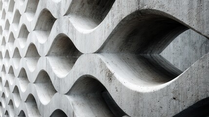 Poster - Architectural concrete wall revealing undulating pattern, featuring smooth curved lines intersecting geometric shapes with minimalist contemporary design aesthetic