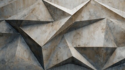 Poster - Geometric concrete wall with angular triangular pattern, forming contemporary architectural surface showcasing minimalist design and futuristic visual texture