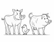 © Anas - Playful Line Art Set of Farm Animals, Including Pig, Cow, and Chicken, Perfect for Children's Books and Educational Materials.