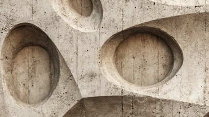 Poster - Textured concrete wall revealing circular and oval openings, presenting geometric architectural abstraction with complex surface patterns